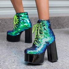 Womens Dress Club Prom Sequins Ankle Boots Block Heels Lace Up Platform Shoes SZ