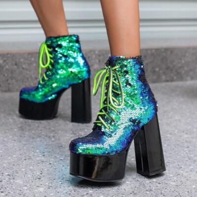 Womens Dress Club Prom Sequins Ankle Boots Block Heels Lace Up Platform Shoes SZ | eBay Womens Dress Club Prom Sequins Ankle Boots Block Heels Lace Up Platform Shoes SZ | eBay
