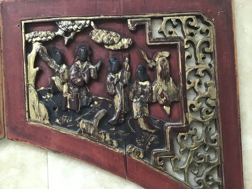 4 Antique Chinese Carved Red Gilt Painted Wood Panels - Picture 10 of 12