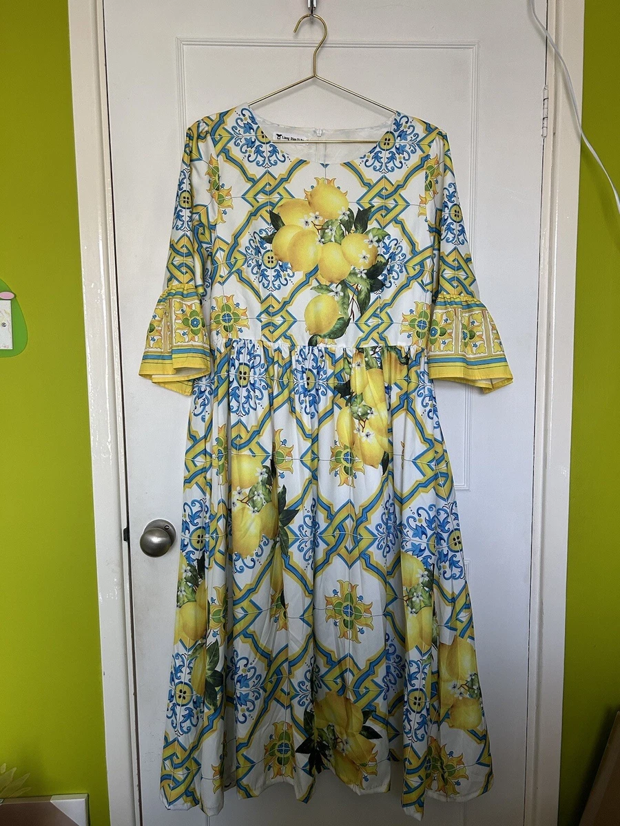 Italian Sicilian Lemon Mediterranean Floaty Dress Size 12 To 14 | eBay