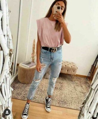 Damen Frauen gepolsterte Schultern kurz Flügelärmel T-Shirt Oberteil Basic Baumwolle Bluse