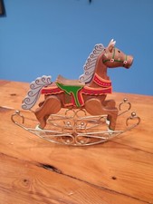 Vintage Wooden Rocking Horse With Brass Rocker Christmas Decor, 12" 10"