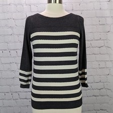 Ann Taylor LOFT Sz S Gray  White Striped Sweater 3/4 Sleeve Polished Casual