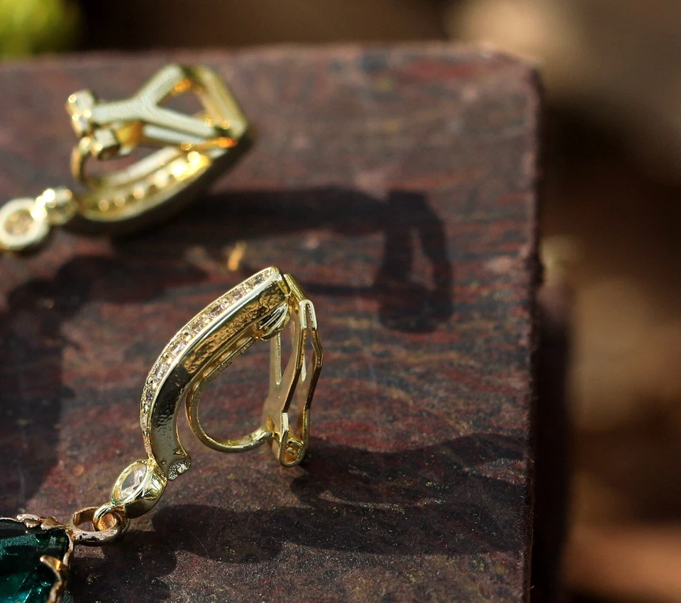 Ohrringe Clip On Lang Ohrhänger Golden Cz Blau Ruban Art Déco Stil EH6 - Bild 3 von 4