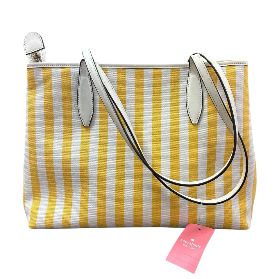 NUEVO CON ETIQUETAS BOLSO DE MANO KATE SPADE NEW YORK STREET AMARILLO BLANCO LONA A RAYAS CUERO Foto 3 de 4