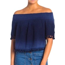 XS 🔖 MICHAEL STARS Tassel Trim Smocked Top Blue Ombré TDMG67CSW $158