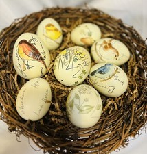 Ceramic Eggs Hand Painted Birds in Large Nest Set of 8 Multi 3 1/4" Nest 12  D