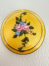 VINTAGE RAC GUILLOCHE ENAMEL FLORAL MOTIF CIRCULAR POWDER COMPACT BOX YELLOW