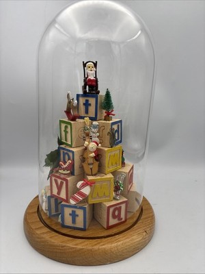 vintage christmas diorama Wood Blocks ABC Mini Ornaments Santa Cloche Glass Dome