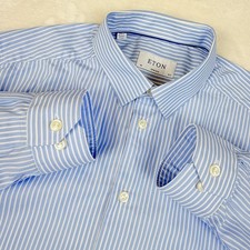 Eton Shirt Men 15 3/4 40 Blue White Striped Super Slim Poplin Button Long Sleeve