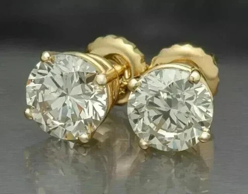 2 Ct Round Cut Real Moissanite Solitaire Stud Earrings 14K Yellow Gold Plated