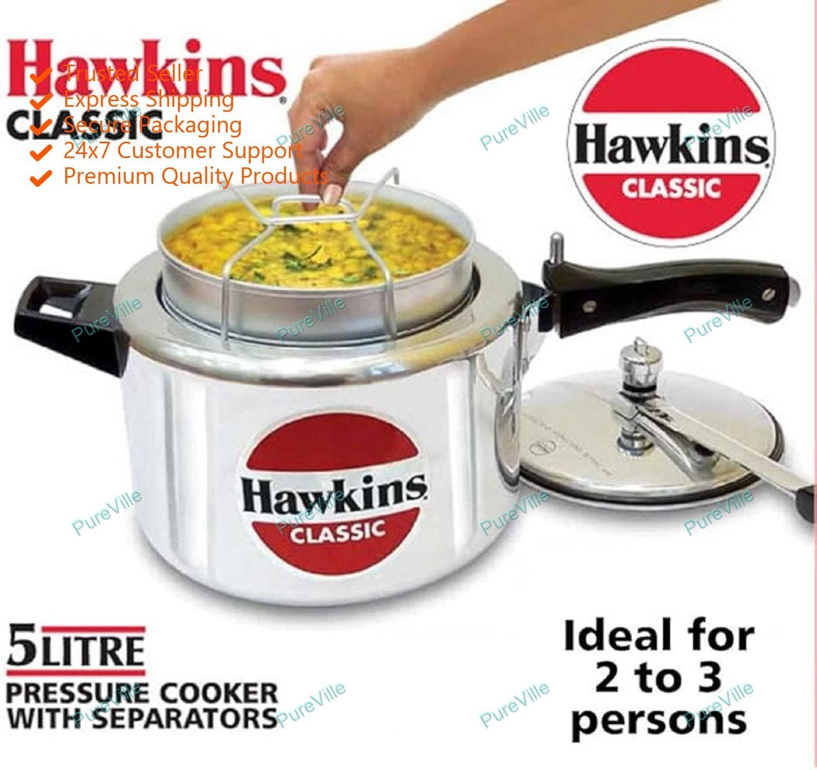 Hawkins Aluminium 5 Litre Classic Pressure Cooker With Pot Inner Lid Cooker Silv