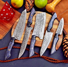 Custom Handmade Damascus steel kitchen knife set /Handles Darkened Pakka Wood