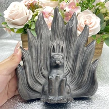 1.9LB 7" Natural Silver Obsidian Nine-tailed Fox Hand Carved Crystal Quartz Gift