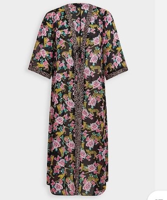 Torrid Kimono 2X Black Floral Cheetah Chiffon Tie Front Maxi Coverup