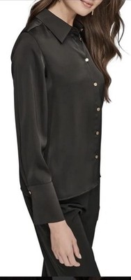 NWT Anne Klein Satin Finish Shirt Top Sz S Black Gold Tone Button Down Career