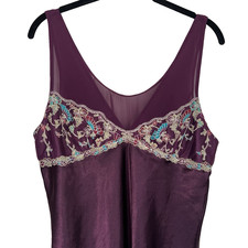 Cinema Etoile Embroidered Satin Nightgown Chemise Large VTG Plum Purple Back Tie