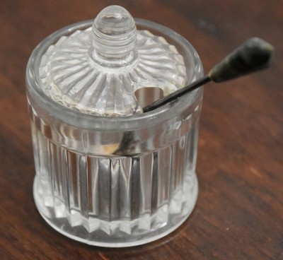 Small Vintage Cut Clear Glass Sugar Bowl 3'' Tall with 4'' Marble Top Spoon