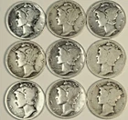 Lot of 9 Mercury Silver Dimes, 1920-1925, 90% Silver