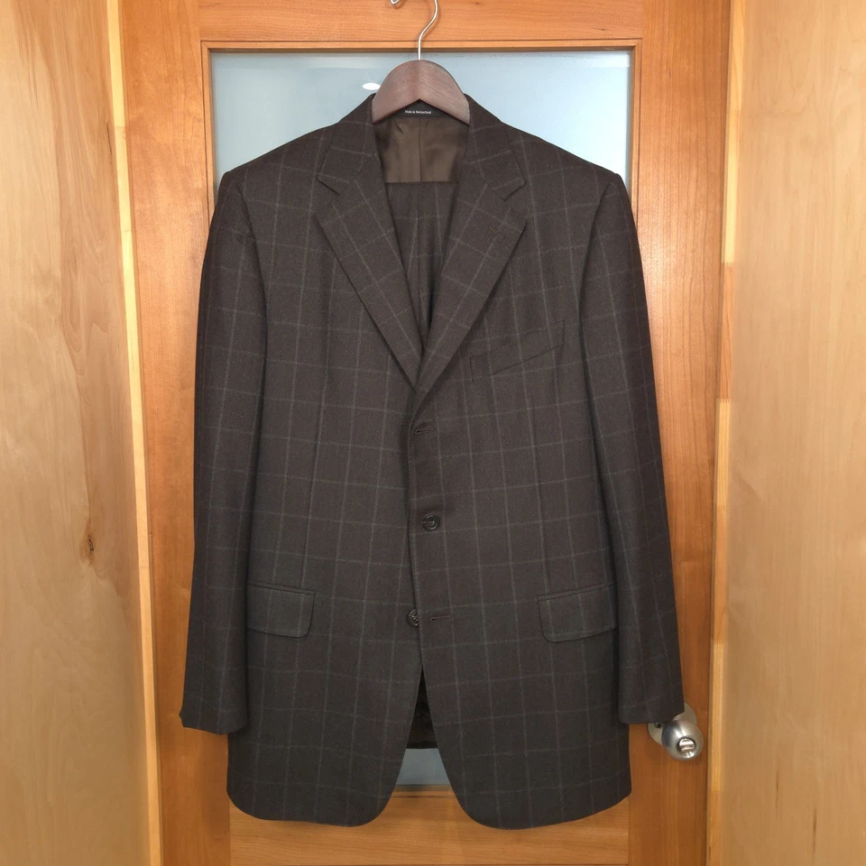 Ermenegildo Zegna Suit Brown Windowpane Flannel 44R Fits 42L Made in Switzerland Foto 2 de 4