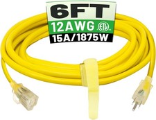 POWGRN 6 ft 12/3 Outdoor Extension Cord Waterproof Heavy Duty 6FT, Yellow 