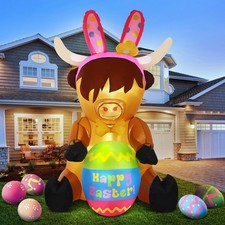 5ft Easter Inflatables Outdoor Decoration Blow up Highland Cow Yard Decor wit...