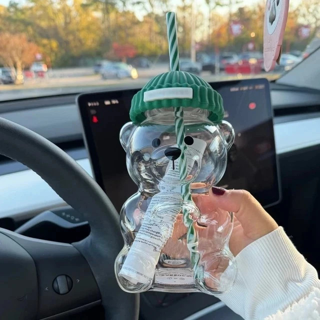 Taza de café en forma de oso linda taza de oso taza de vidrio con pajita transparente creativa*