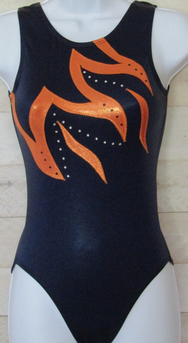 Melody Leotard Navy Orange Foil Metallic Crystals Gymnastics AS Adult S
