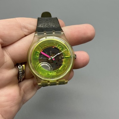 Vintage Swatch Techno Sphere Mens Watch 33mm Yellow Skeleton Green