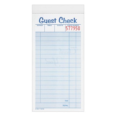 Adams Guest Check Pads, 2-Part, Carbonless, White/Canary, 3-3/8'' x 6-3/8'', 50