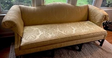 W & J Sloane Vintage Federal Camelback Sofa Yellow Damask Down Cushion 72”