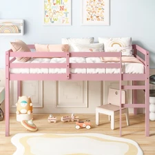 Rubber Wooden Twin Loft Bed w/Ladder and Guardrails，Bed Platform w/Storage Space