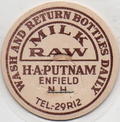 Milk Bottle Cap- H. A. Putnam - Enfield, NH (New Hampshire)- TEL. 29R12-RAW MILK