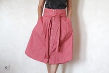Vintage striped red skirt with side pockets, buttons, bow belt