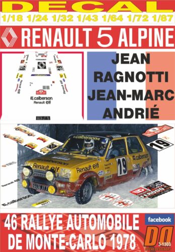 DECAL RENAULT 5 ALPINE J.RAGNOTTI R.MONTECARLO 1978 2nd (01) - Foto 1 di 1