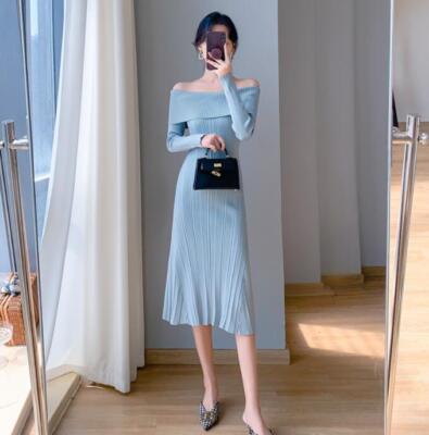 Women's Fashion Off Shoulder Long Sleeve Hip Package Knitted Mermaid Dress NWON