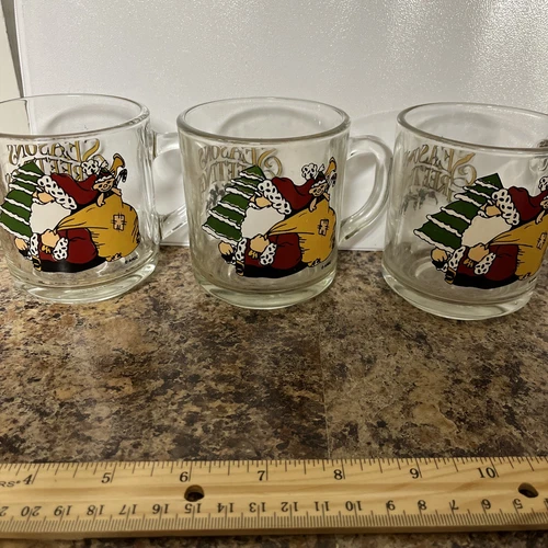 Vintage Anchor Hocking Seasons Greetings Santa Glass Mugs Set Of 3