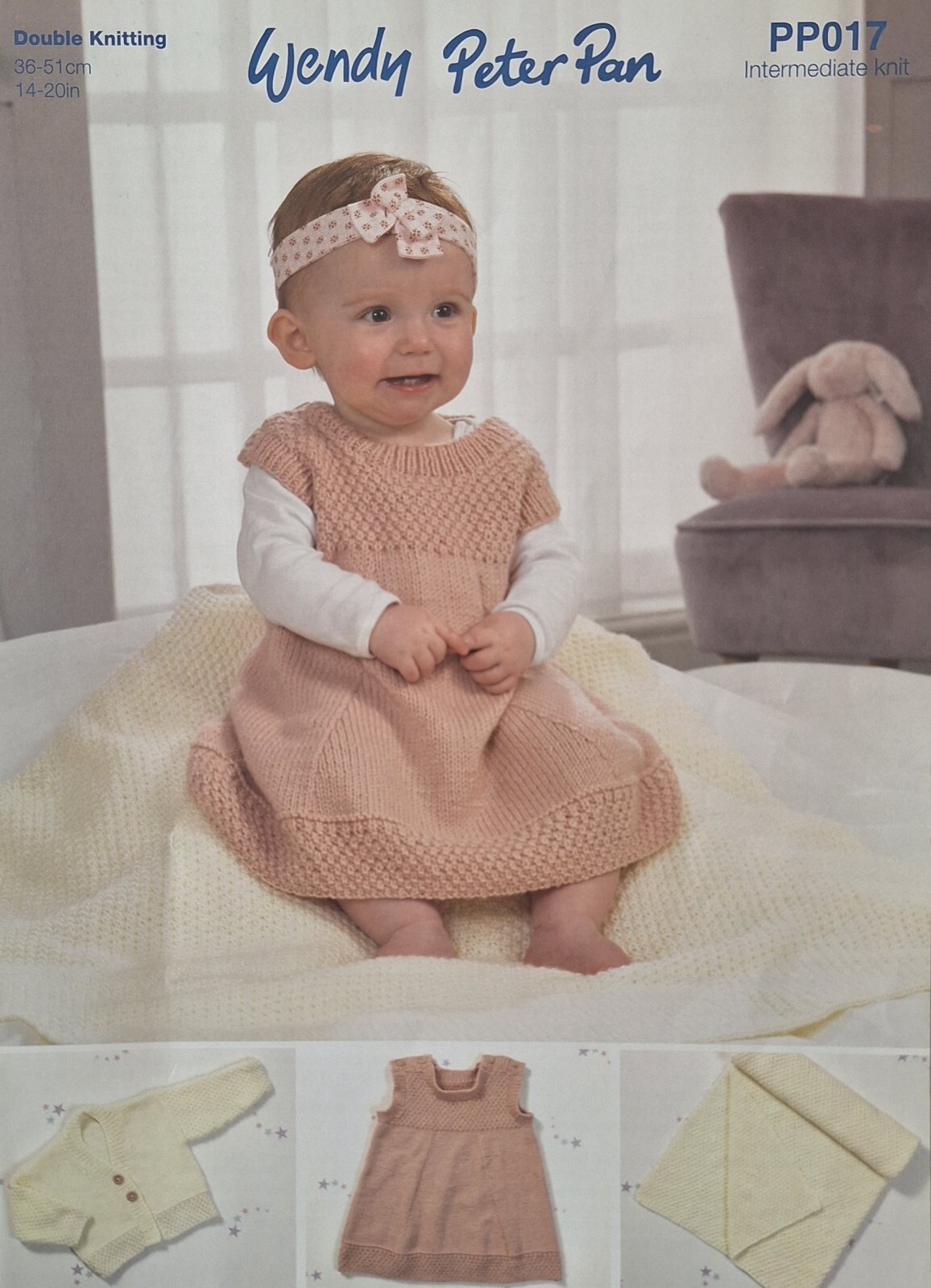 Wendy Peter Pan DK Knitting Pattern -Baby Pinafore, Cardigan & Blanket - PP017