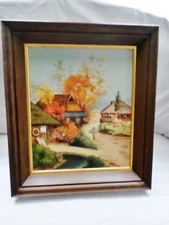 Japanese Mid Century Oil Painting on Canvas Autumn Scene Original Frame 23 x 20