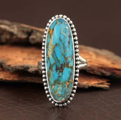 Blue Copper Turquoise Ring 925 Sterling Silver Long Gemstone Ring All Size MO*