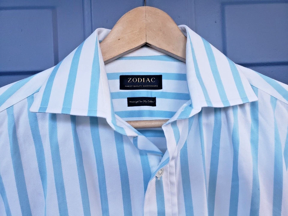 Camisa Zodiac Para Hombre Manga Larga Con Botones Aqua/Blanco Rayas Talla Grande Usada en Excelente Condición Foto 3 de 4