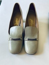 Vintage Pearl Gray Leather Pumps Silver Metal Mesh Block Heel size 7.5