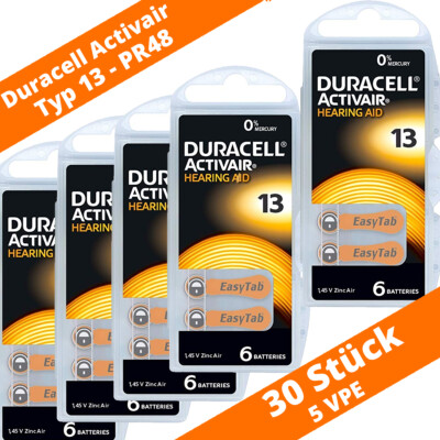 30 x Duracell Activair Hörgerätebatterien PR48 Typ 13 Orange 5 x 6er Blister NEU