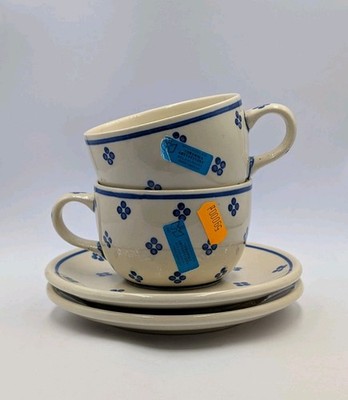 Vtg Polish Pottery Ceramika Artystyczna 2 Cups & Saucers Pre-1996 Castle Mark B