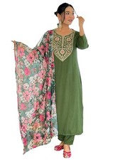 Women's Rayon Embroidered Straight Kurta with Pant and Dupatta Sets