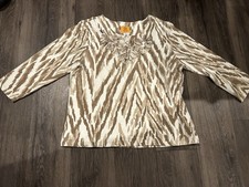 RUBY RED Women's TOPS BROWN BEIGE LARGE 3/4 SLEEVE EMBELLISHED BLOUSE