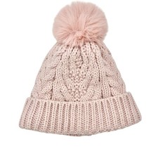 Cozy Pink Knit Beanie With Faux Fur Pom and Fleece Lining NWOT