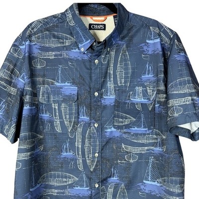 CHAPS Nautical Boat Blueprint UPF+ Easy Dry Short Sleeve Button Down Shirt | XL