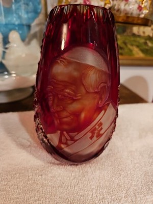 Pope John Paul II  6 1/2 X  3 1/2'' Red Cut To Clear Crystal Olenka Vase