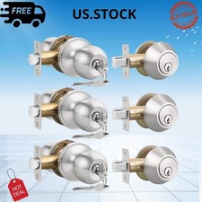 NEW 3 Pack Keyed Entry Door Knob Single Cylinder Deadbolt Set Satin Nickel Exter